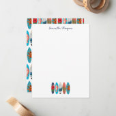 カラフルレトロサーフボードパターンカスタムネーム ノートカード (正面/裏面インサイチュ)