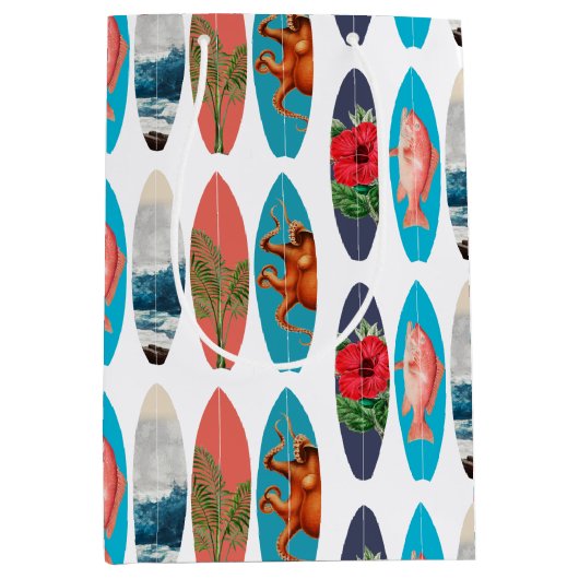 カラフルレトロサーフボードパターン ミディアムペーパーバッグ (正面)