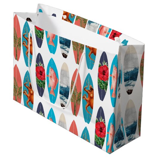 カラフルレトロサーフボードパターン ラージペーパーバッグ (正面アングル)