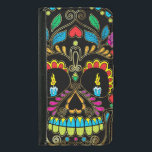 カラフルレトロシュガースカルグリッターアクセント GALAXY S5 ウォレットケース<br><div class="desc">カラフルレトロカッコいいフローラ砂糖スカルグリッターテクスチャー目のための燃えるキャンドルと金ゴールドトーンのアクセントで見える。黒の背景</div>