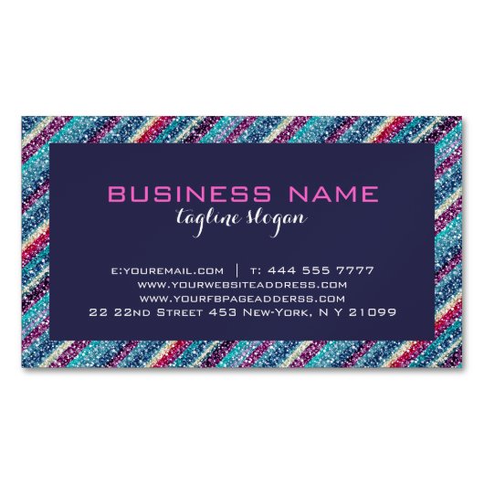 カラフルレトロストライプグリッターパターン2青ティント マグネット名刺 (正面)