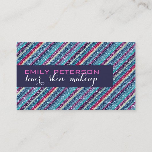 カラフルレトロストライプグリッターパターン2青ティント 名刺 (正面)