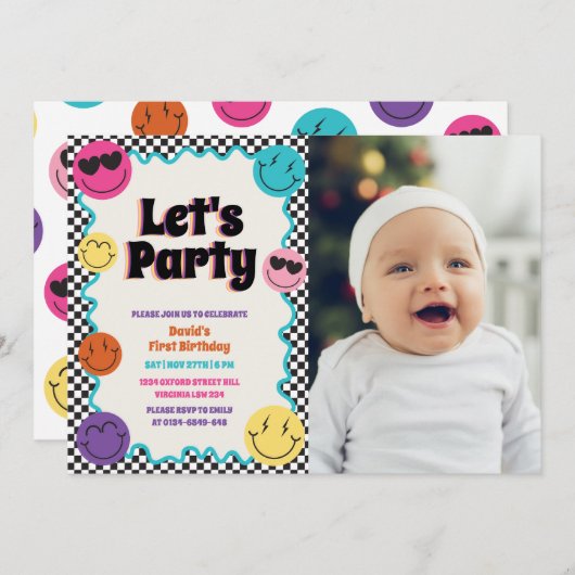 カラフルレトロスマイル絵文字市松模様に写真誕生日 招待状 (正面/裏面)