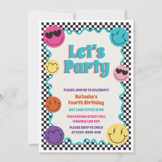 カラフルレトロスマイル絵文字市松模様に子供の誕生日 招待状 (正面)