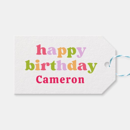 カラフルレトロタイポグラフィパーソナライズされた誕生日 ギフトタグ (正面(横))