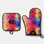 カラフルレトロディスコ鏡正方形パターン 鍋つかみ&鍋敷きセット (正面)