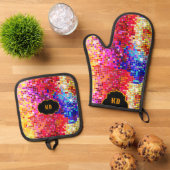 カラフルレトロディスコ鏡正方形パターン 鍋つかみ&鍋敷きセット (トップダウン)