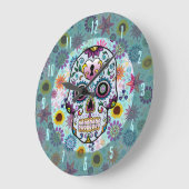 カラフルレトロフラワーズ&ダイヤモンドスカルデザイン ラージ壁時計 (傾斜)