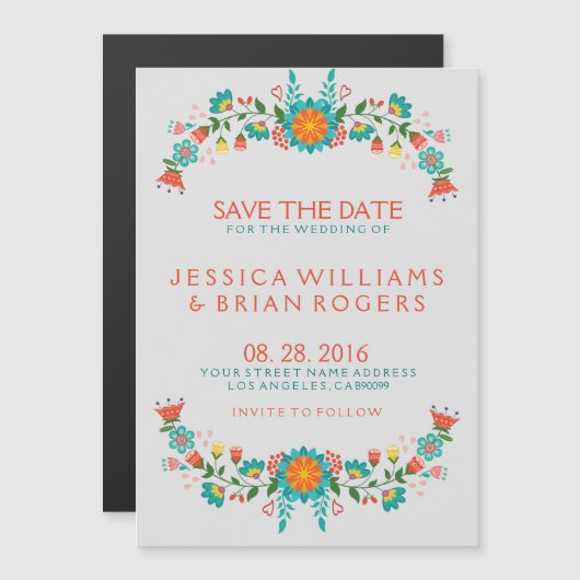 カラフルレトロフローラフレーム日付の保存 マグネット招待状 (正面/裏面)