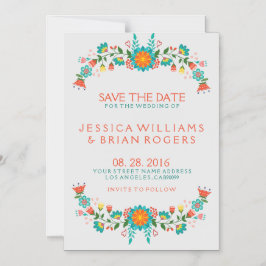 カラフルレトロフローラフレーム日付の保存 マグネット招待状