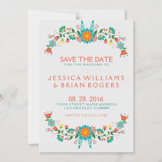 カラフルレトロフローラフレーム日付の保存 マグネット招待状 (正面)