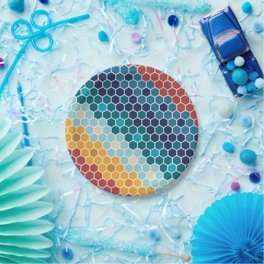 カラフルレトロフローラモザイク六角形パターン ペーパープレート (パーティー)