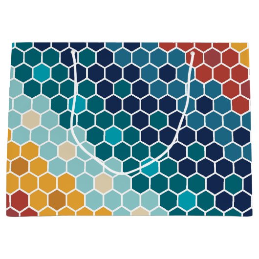 カラフルレトロフローラモザイク六角形パターン ラージペーパーバッグ (正面)