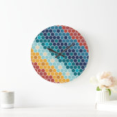 カラフルレトロフローラモザイク六角形パターン ラージ壁時計 (ホーム)