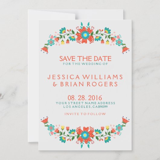 カラフルレトロフローラリース日付の保存 マグネット招待状 (正面)