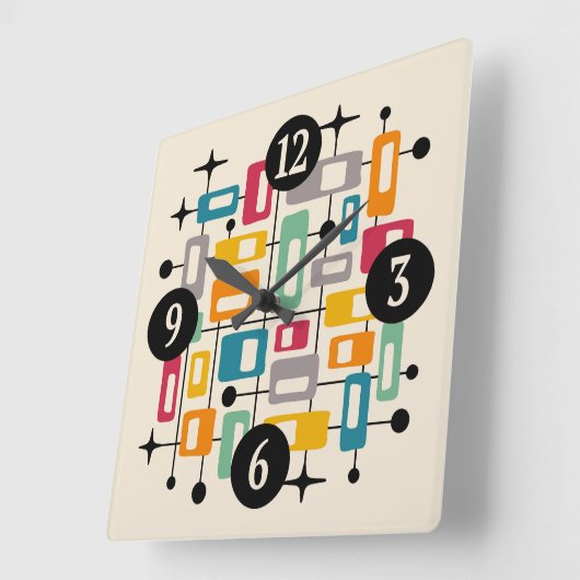 カラフルレトロミッドセンチュリー原子モダン抽象芸術 スクエア壁時計 (傾斜)