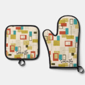 カラフルレトロミッドセンチュリー幾何学模様 鍋つかみ&鍋敷きセット (正面)