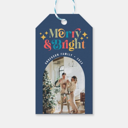カラフルレトロメリーと明るいクリスマスフォトブルー ギフトタグ (正面)