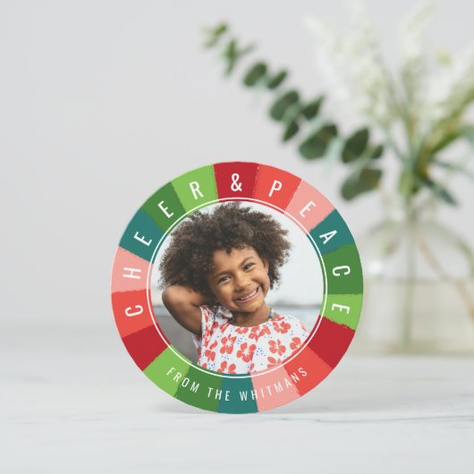 カラフルレトロレインボーサークル写真クリスマス シーズンカード (スタンド正面)