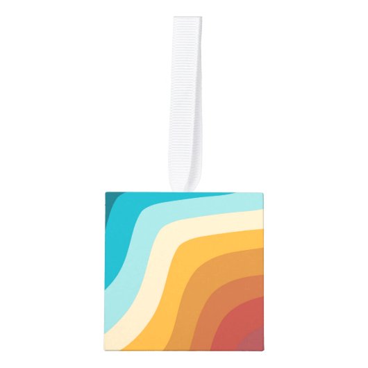 カラフルレトロレインボー抽象芸術波 キューブオーナメント (正面)