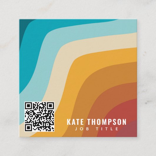 カラフルレトロレインボー抽象芸術波QRコード スクエア名刺 (正面)