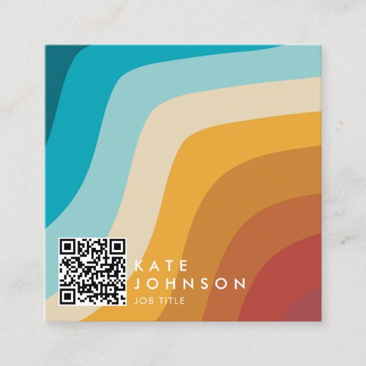 カラフルレトロレインボー抽象芸術波QRコード スクエア名刺 (正面)