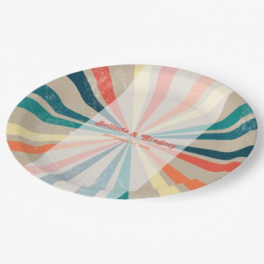 カラフルレトロレインボー日が差すこと結婚ズ ペーパープレート (アングル)