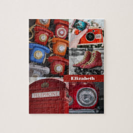 カラフルレトロレッド美的フォトコラージュ名 ジグソーパズル