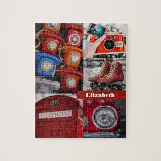 カラフルレトロレッド美的フォトコラージュ名 ジグソーパズル (縦)