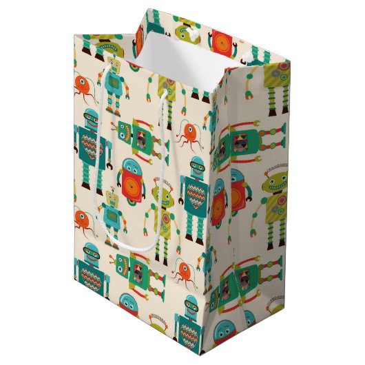 カラフルレトロロボットのパターン ミディアムペーパーバッグ (正面アングル)