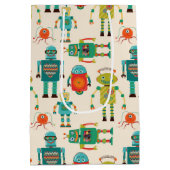 カラフルレトロロボットのパターン ミディアムペーパーバッグ (裏面)