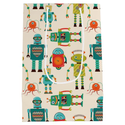 カラフルレトロロボットのパターン ミディアムペーパーバッグ (裏面)