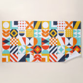 カラフルレトロ幾何学的パターン ビーチタオル (正面)