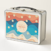 カラフルレトロ波とデイジーパターンモノグラム メタルランチボックス (正面)