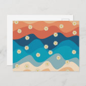 カラフルレトロ波とデイジーパターン シーズンポストカード (正面/裏面)