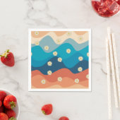 カラフルレトロ波とデイジーパターン スタンダードカクテルナプキン (インサイチュ)