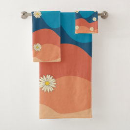 カラフルレトロ波とデイジーパターン バスタオルセット