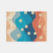 カラフルレトロ波とデイジーパターン フリースブランケット (正面(横))