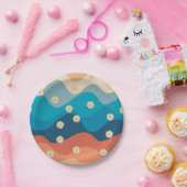 カラフルレトロ波とデイジーパターン ペーパープレート (パーティー)