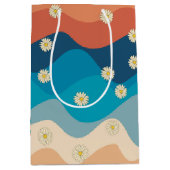 カラフルレトロ波とデイジーパターン ミディアムペーパーバッグ (正面)