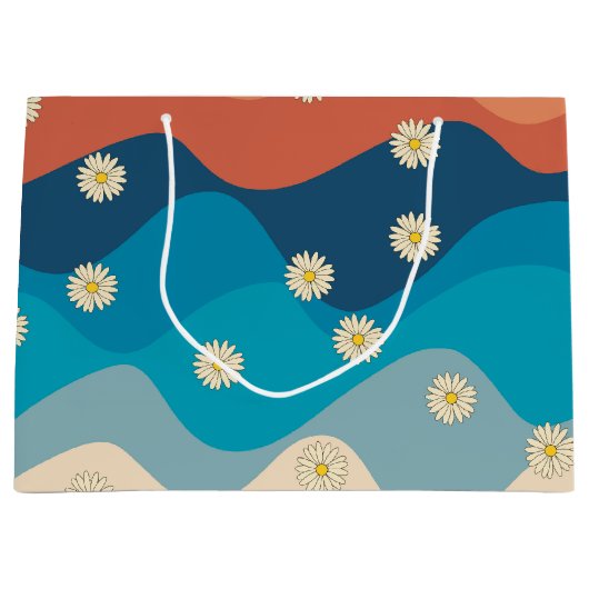 カラフルレトロ波とデイジーパターン ラージペーパーバッグ (正面)