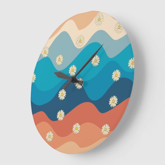 カラフルレトロ波とデイジーパターン ラージ壁時計 (傾斜)