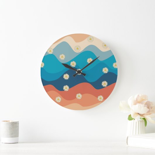 カラフルレトロ波とデイジーパターン ラージ壁時計 (ホーム)