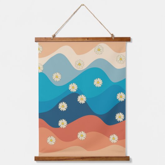 カラフルレトロ波とデイジーパターン 吊り下げ型タペストリー (正面)