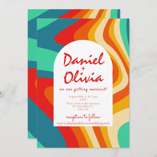 カラフルレトロ結婚と写真 招待状 (正面/裏面)