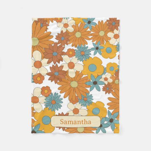 カラフルレトロ花パターン フリースブランケット (正面)