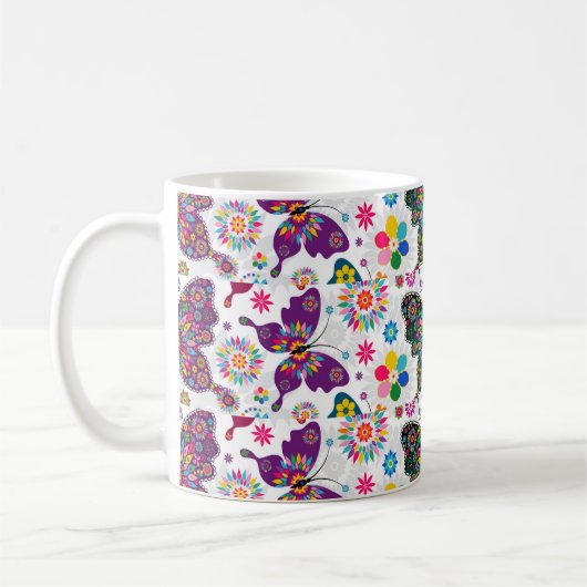 カラフルレトロ蝶と花柄 コーヒーマグカップ (左)