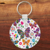 カラフルレトロ蝶と花模様 キーホルダー (正面)