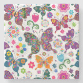 カラフルレトロ蝶と花模様 ストーンコースター (正面)
