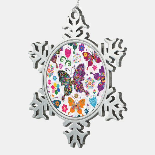 カラフルレトロ蝶と花模様 スノーフレークピューターオーナメント (右)